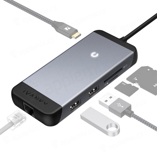 Dokovacia stanica / replikátor portov IVANKY pre Apple MacBook / iPad - USB-C na USB-C + HDMI + 2x USB-A + SD + ethernet - strieborná