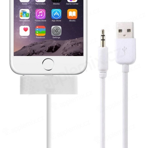 Synchronizačný, nabíjací a 3,5 mm audio kábel AUX pre Apple iPhone 6 / 6S - biely - 1 m