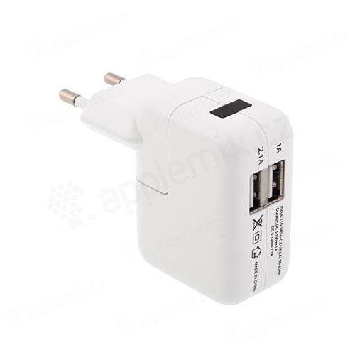 EU napájecí adaptér / nabíječka s porty 2x USB (1A, 2.1A) pro Apple iPhone / iPad / iPod - bílý