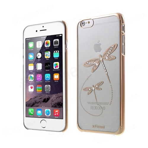 Plastový kryt X-FITTED pro Apple iPhone 6 Plus / 6S Plus - průhledný + zlatý rámeček - vážky zdobené kamínky Swarovski