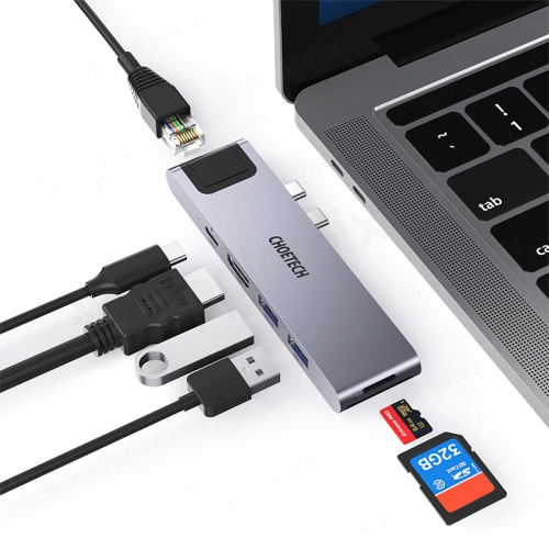 Adaptér / rozbočovač CHOETECH - 2x USB-C na 2x USB-A + USB-C + HDMI + ethernet - sivý
