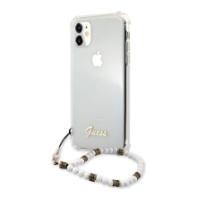 Kryt GUESS Script pro Apple iPhone 11 - plastový - průhledný + bílé / zlaté korále