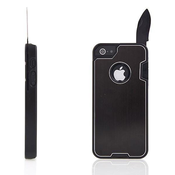 Ochranný plasto-kovový kryt pro Apple iPhone 5 / 5S / SE s nožem a dalšími využitelnými doplňky - černý