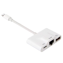 Přepojka / adaptér pro Apple iPhone / iPad - Lightning / USB-A + ethernet + Lightning - bílá