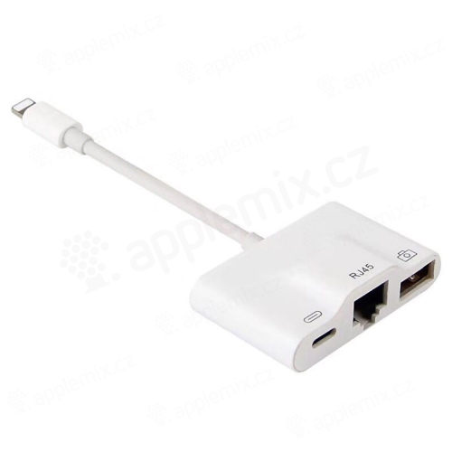 Adaptér pre Apple iPhone / iPad - Lightning / USB-A + ethernet + Lightning - biely
