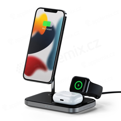 Stojánek / Qi nabíječka SATECHI 3v1 pro Apple iPhone / Watch / AirPods - podpora MagSafe - černý / šedý