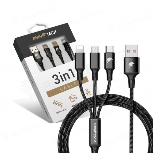 Nabíjecí kabel 3v1 RHINOTECH - USB-A na USB-C / Lightning / Micro USB - tkanička - 1,2m - černý
