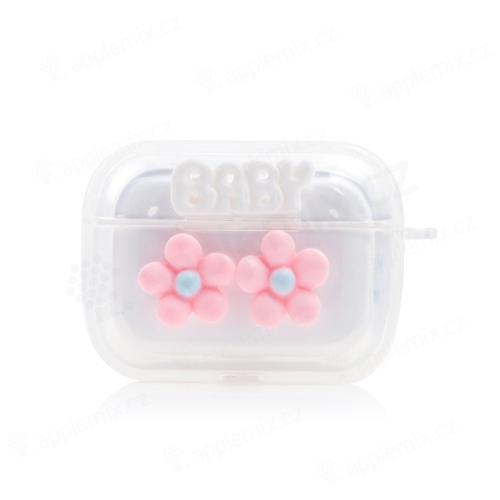 Puzdro / obal pre Apple AirPods Pro - kvety a nápisy - ružový remienok - gumové - priehľadné