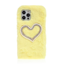 Kryt pro Apple iPhone 12 / 12 Pro - perlové srdce - plyšový - žlutý