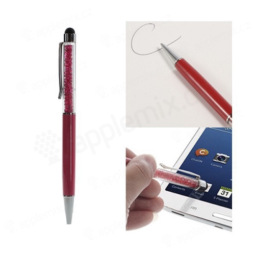 2v1 dotykové pero / stylus s propiskou - červené s lesklými kamínky