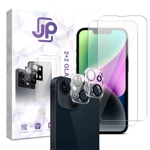 Tvrdené sklo JP Combo Pack pre Apple iPhone 14 - číre - sada 2 kusov + 2x sklo pre 2,5D objektív - číre