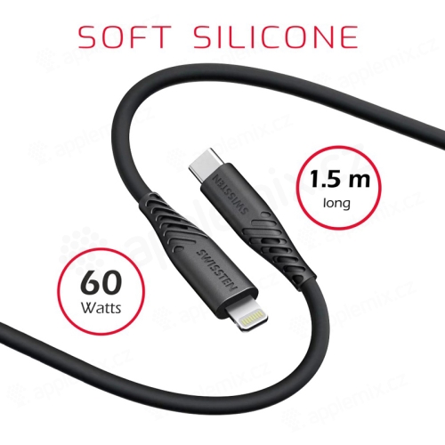 SWISSTEN Silikónový synchronizačný a nabíjací kábel pre zariadenia Apple - USB-C / Lightning - 1,5 m - čierny