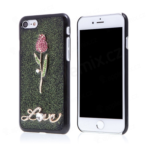 Kryt pro Apple iPhone 7 / 8 / SE (2020) - 3D růže + nápis LOVE - plastový - černý / zelené třpytky