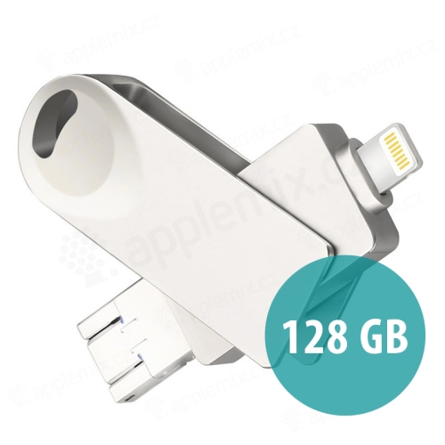 Flash disk 128 GB - 3v1 pre Apple iPhone / iPad / MacBook - Lightning / Micro USB / USB-A - kovový - strieborný