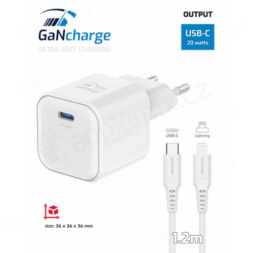 Nabíjecí sada SWISSTEN GaN pro Apple - 20W EU adaptér USB-C + kabel Lightning 1,2m - bílá