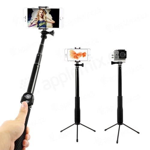 Selfie tyč / monopod teleskopická + tripod + bluetooth dálkové ovládání / spoušť - černá