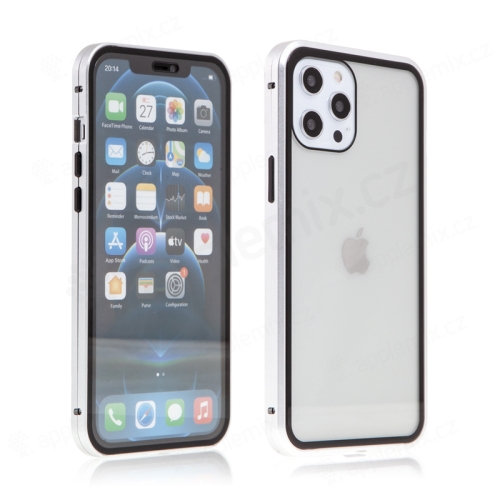 Kryt pro Apple iPhone 12 / 12 Pro - magnetické uchycení - sklo / kov - 360° ochrana - průhledný / stříbrný