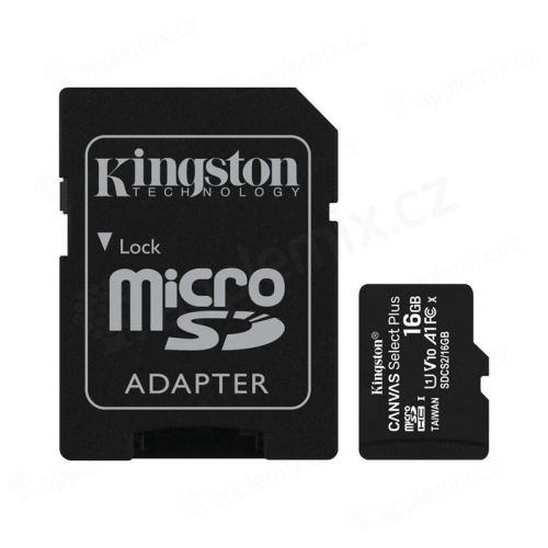 Paměťová karta micro SD HC KINGSTON 16 GB Canvas select Plus (class 10, UHS-I, 100 MB/s) + adaptér
