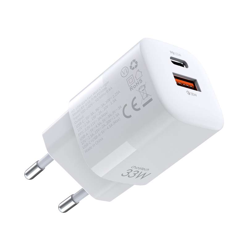 33W EU adaptér / nabíječka CHOETECH - USB-A + USB-C Power Delivery - GaN - bílý