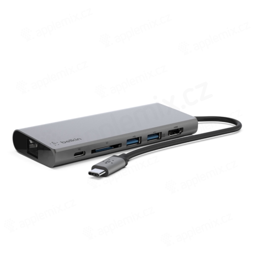 Redukcia / adaptér BELKIN USB-C na 2x USB-A 3.0 + SD + HDMI + ethernet - kov - sivá