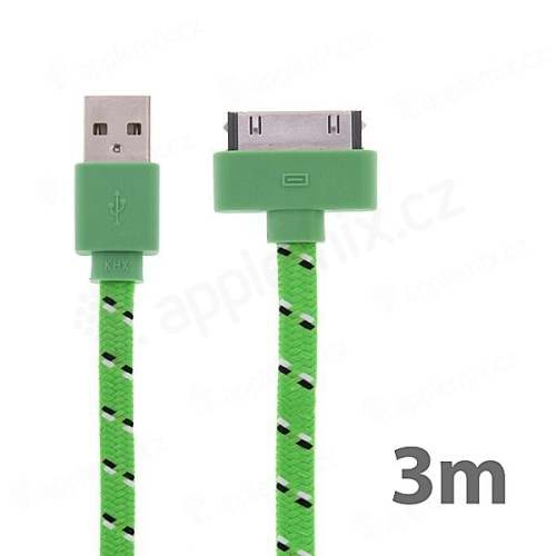 Synchronizační a nabíjecí kabel s 30pin konektorem pro Apple iPhone / iPad / iPod - tkanička - plochý zelený - 3m