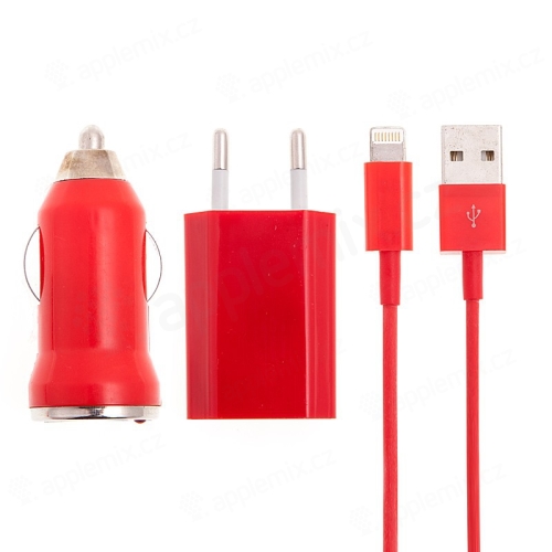 3v1 nabíjecí sada pro Apple zařízení - EU adaptér, autonabíječka USB 1A a kabel Lightning - červená