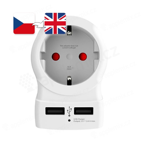 Cestovní adaptér SKROSS - UK samec na EU samice + 2x USB-A - pro použití ve Velké Británii - bílý