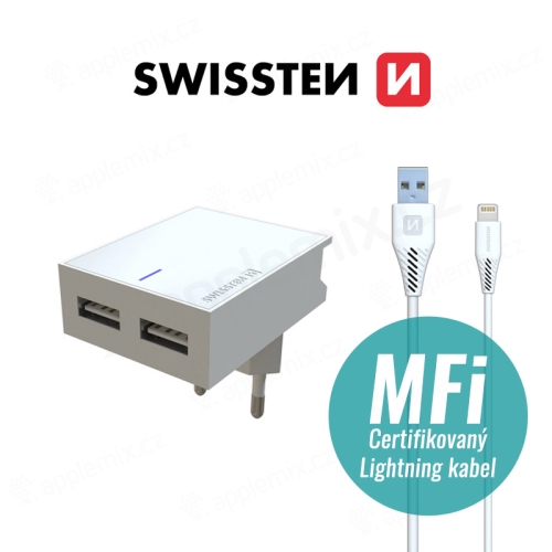 Nabíjacia súprava SWISSTEN 2v1 pre zariadenia Apple - EÚ adaptér (2x USB) a kábel MFi Lightning 1,2 m - biely