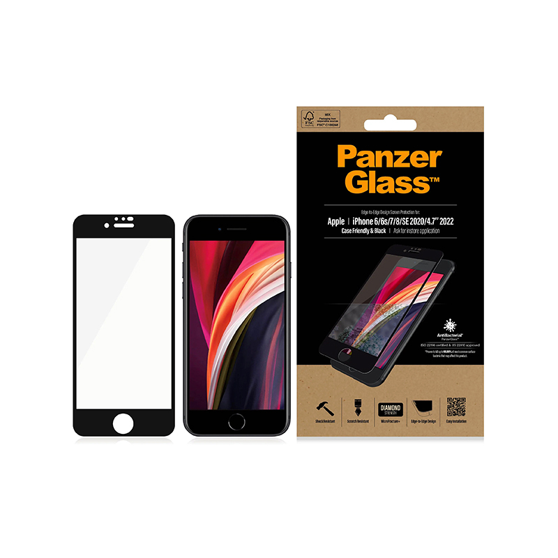 Tvrzené sklo PANZERGLASS pro Apple iPhone 6 / 6S / 7 / 8 / SE (2020) / SE (2022) - 2,5D - Case Friendly - černý rámeček