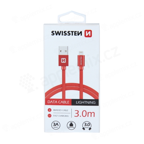 Nabíjecí kabel SWISSTEN Textile pro Apple iPhone / iPad - USB-A / Lightning - 3m - tkanička - červený