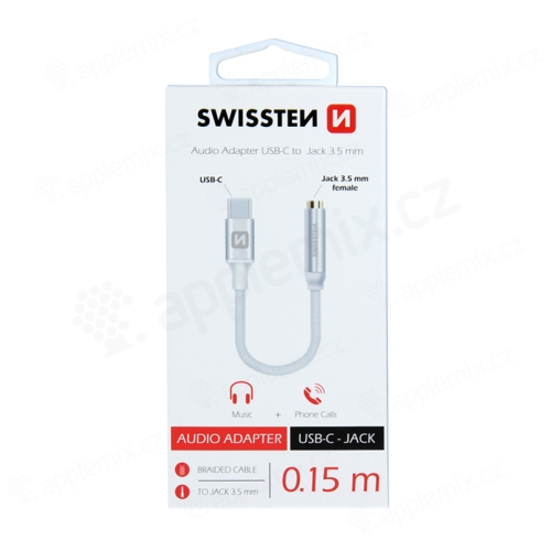 Textilný adaptér SWISSTEN - USB-C / 3,5 mm jack - 15 cm - čipka - strieborná