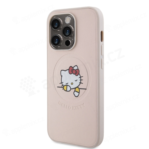 Kryt HELLO KITTY pro Apple iPhone 15 Pro - spící Kitty - MagSafe - silikon / umělá kůže - růžový