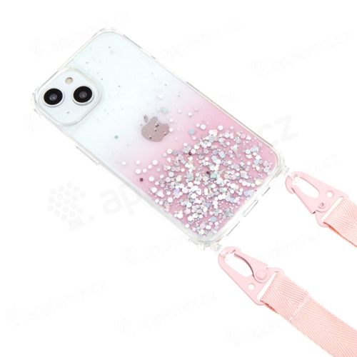 Kryt pro Apple iPhone 14 - barevný přechod + třpytky - sňůrka - plastový / gumový - růžový