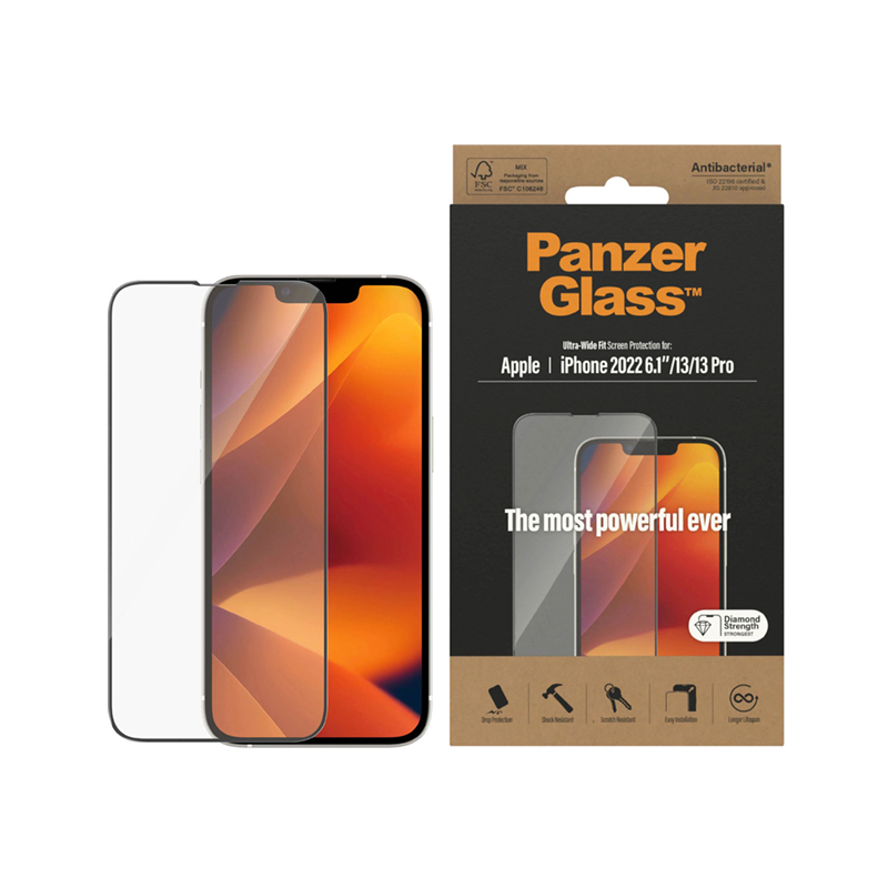 Tvrzené sklo (Temperd Glass) PANZERGLASS pro Apple iPhone 13 / 13 Pro / 14 - Ultra wide fit - černý rámeček