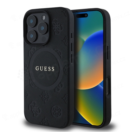 Kryt GUESS Saffiano Peony Stamp pro Apple iPhone 16 Pro - podpora MagSafe - umělá kůže - černý