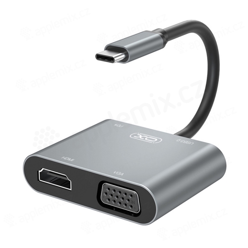 Adaptér / rozbočovač XO 4v1 - USB-C na USB-A + USB-C + HDMI + VGA - sivý