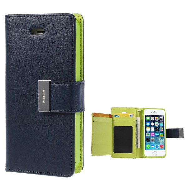 Vyklápěcí pouzdro - peněženka Mercury pro Apple iPhone 5 / 5S / SE - s prostorem pro umístění platebních karet - modro-zelené