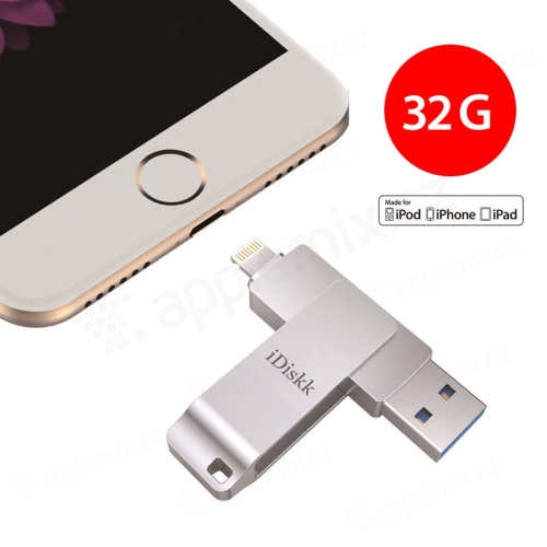 32GB IDISKK Flash disk 2v1 pre Apple iPhone / MacBook a ďalšie zariadenia - Lightning / USB - Strieborný