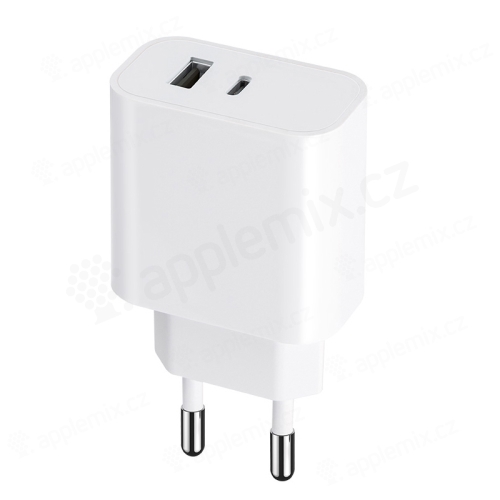 30W EU napájecí adaptér / nabíječka MAXLIFE - USB-A / USB-C pro Apple iPhone / iPad / Mac - bílý