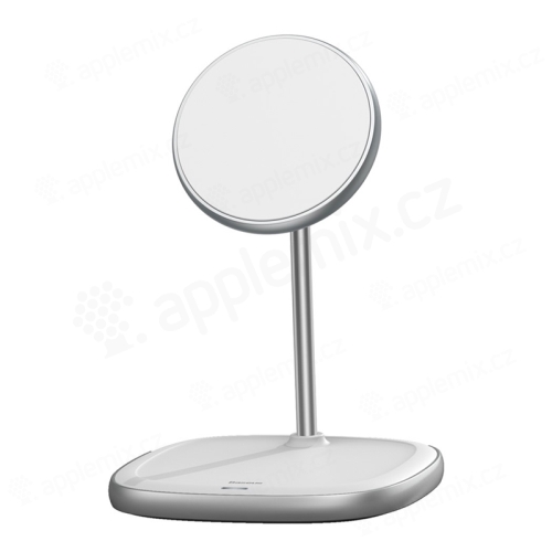 Stojánek + bezdrátová nabíječka Qi BASEUS - podpora Magsafe pro Apple iPhone - bílý / stříbrný
