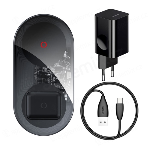 Bezdrôtová nabíjačka / podložka 2v1 Qi BASEUS pre Apple iPhone / AirPods - čierna / priehľadná + 24W adaptér EÚ