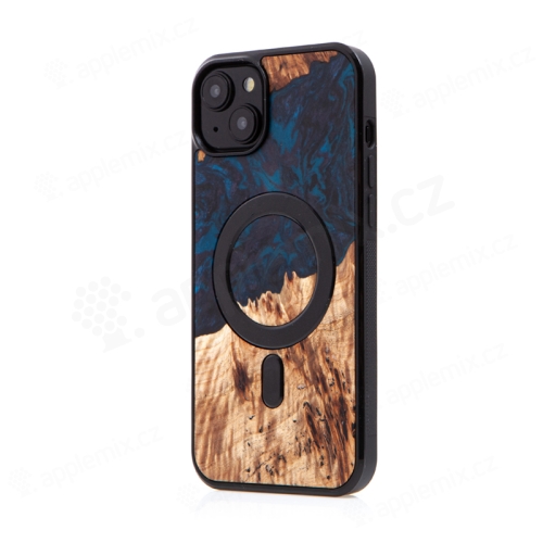 Kryt BEWOOD pre Apple iPhone 15 Plus - podpora MagSafe - drevo / živica - tmavomodrá / hnedá