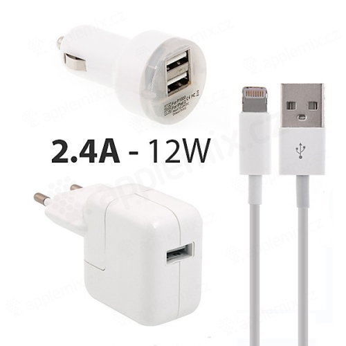 3v1 12W EU napájecí adaptér + autonabíječka s 2x USB porty (2.1A) + kabel Lightning pro Apple iPhone / iPad / iPod - bílá