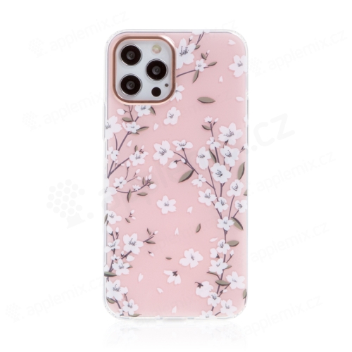 Kryt pre Apple iPhone 12 / 12 Pro - plast / guma - čerešňový kvet - ružový