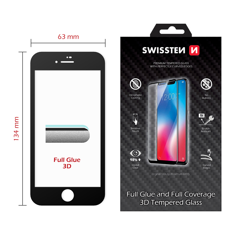 Tvrzené sklo (Tempered Glass) SWISSTEN pro Apple iPhone SE (2020) / SE (2022) - 3D - černý rámeček - 0,2mm
