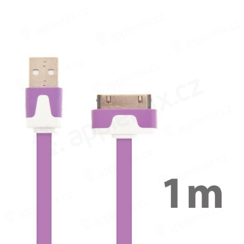 Synchronizačný a nabíjací plochý USB kábel pre Apple iPhone / iPad / iPod - fialový