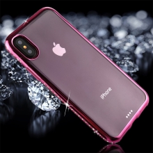 Kryt pro Apple iPhone X - s kamínky po obvodu - gumový - průhledný / fialový