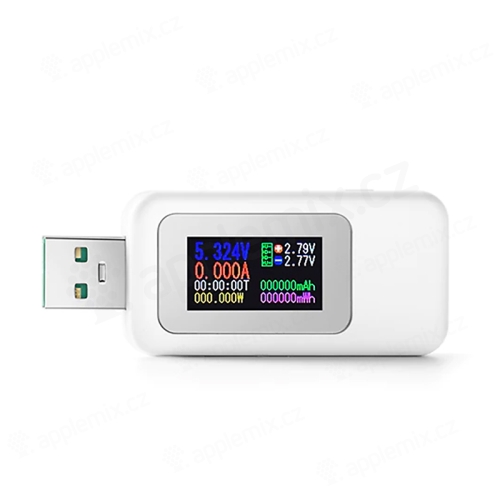 Tester USB nabíjení - LCD displej - USB-A samec / USB-A samice  - měření napětí / proudu - plastový - bílý