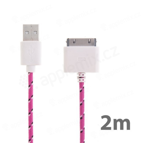 Synchronizační a nabíjecí kabel s 30pin konektorem pro Apple iPhone / iPad / iPod - tkanička - růžový
