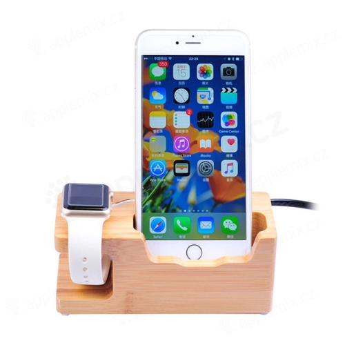 Stojánek / nabíječka pro Apple Watch a Apple iPhone - 3x USB, 5V 3A - dřevěný